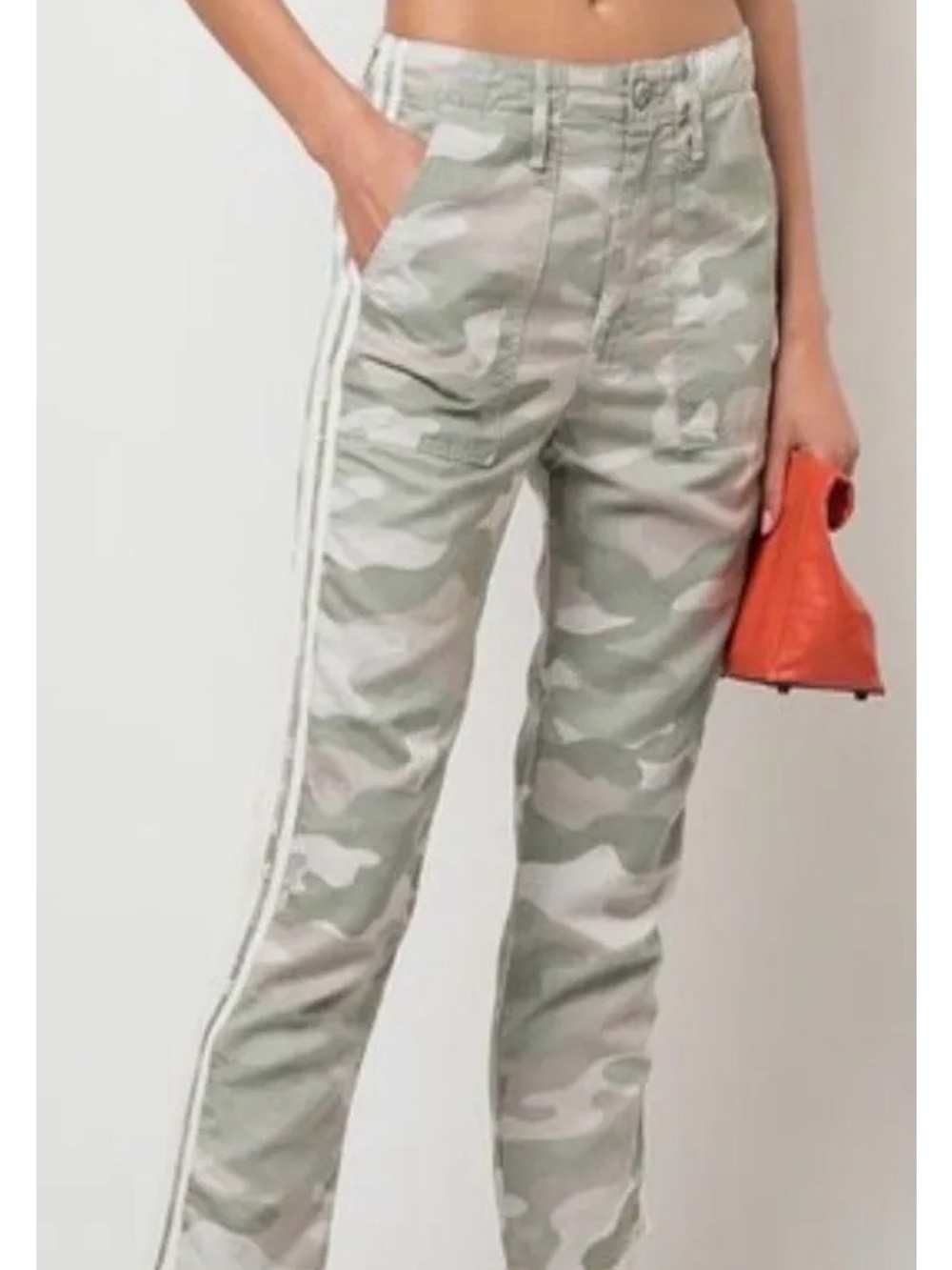 MOTHER Pale Green Camo Track-Stripe Joggers